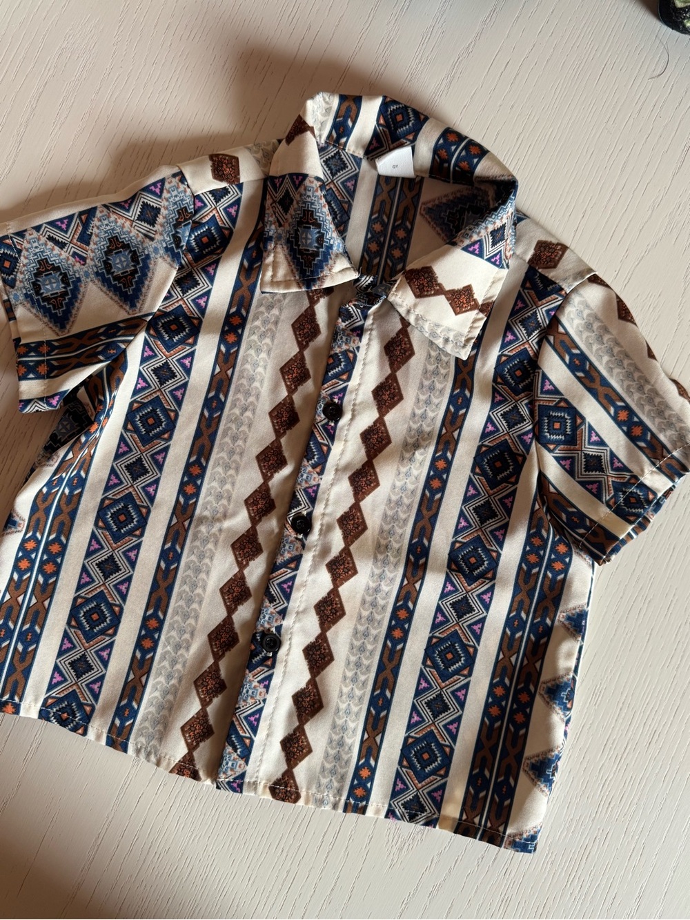 SHEIN Boys' Striped Aztec Print Button-Up Shirt - Blue, Brown, White